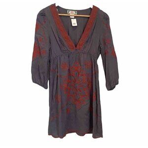 Flying Tomato Grey Orange Boho Embroidered Dress Medium NWT 3/4 Sleeves